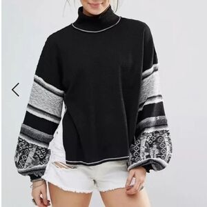 Free People Black Northern Lights Wool Blend Balloon Sleeve Pullover